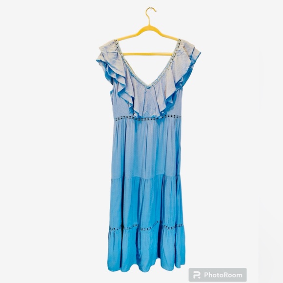 Simplee Tiered Ruffle Lace Inset Flounce Hem Maxi Peasant Dress - Picture 3 of 11